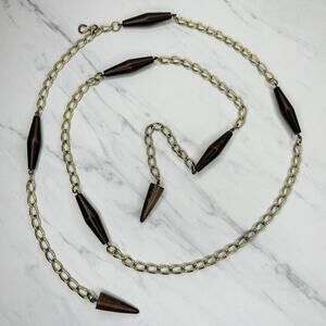 Wood Beaded Gold Tone Metal Chain Link Belt One Size (OS) ✨